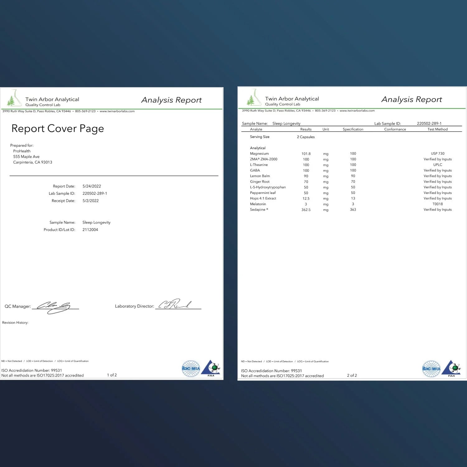 Certificate of Analysis Prohealth Longevity - Sleep Longevity with Sedapine™ - 60 capsules