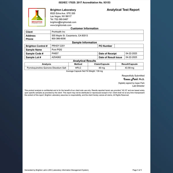 Cellular Energy Core Trio (3-Piece) | CoQ10 + PQQ + Magnesium – The Swell Score - Authentic Analytical Test Report
