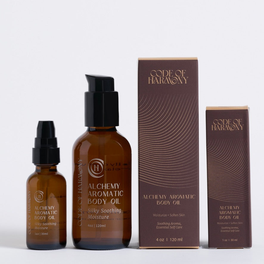 Code of Harmony Alchemy Aromatic Body Oil bottle and packaging on a white background