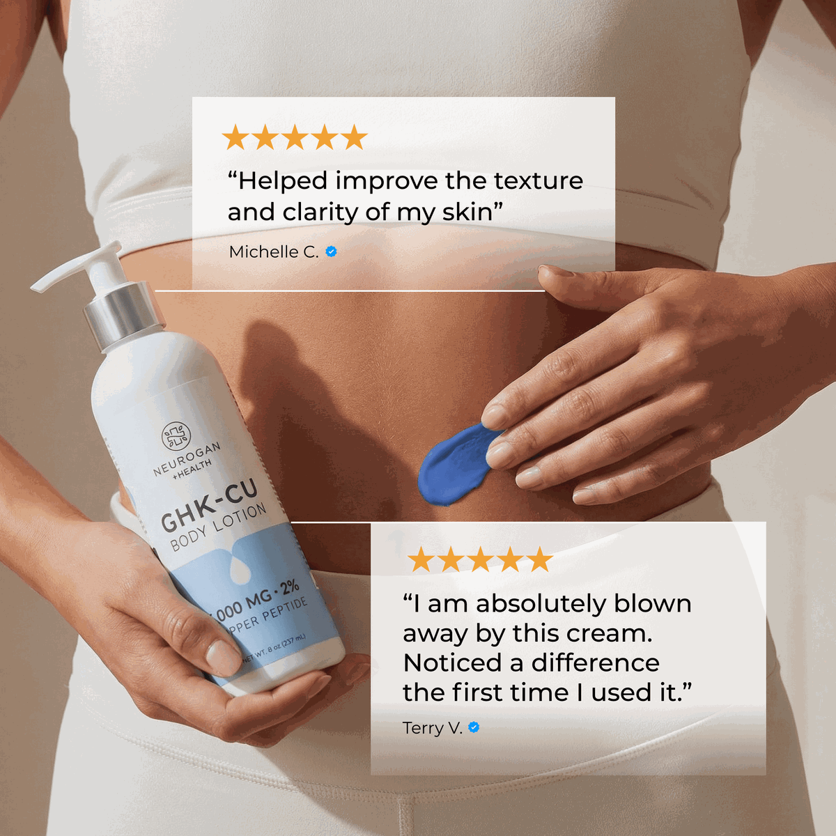 Customer testimonial graphic showing Neurogan Health GHK-Cu Lotion applied to the skin.