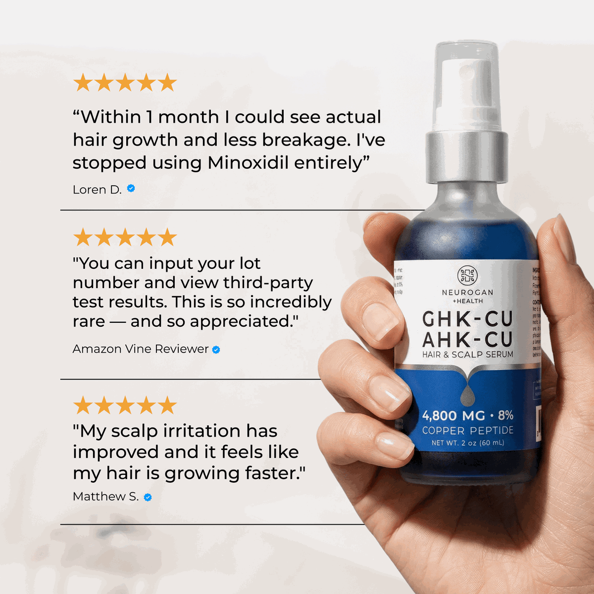 Customer testimonial graphic featuring Neurogan Health Hair Serum Pro bottle.