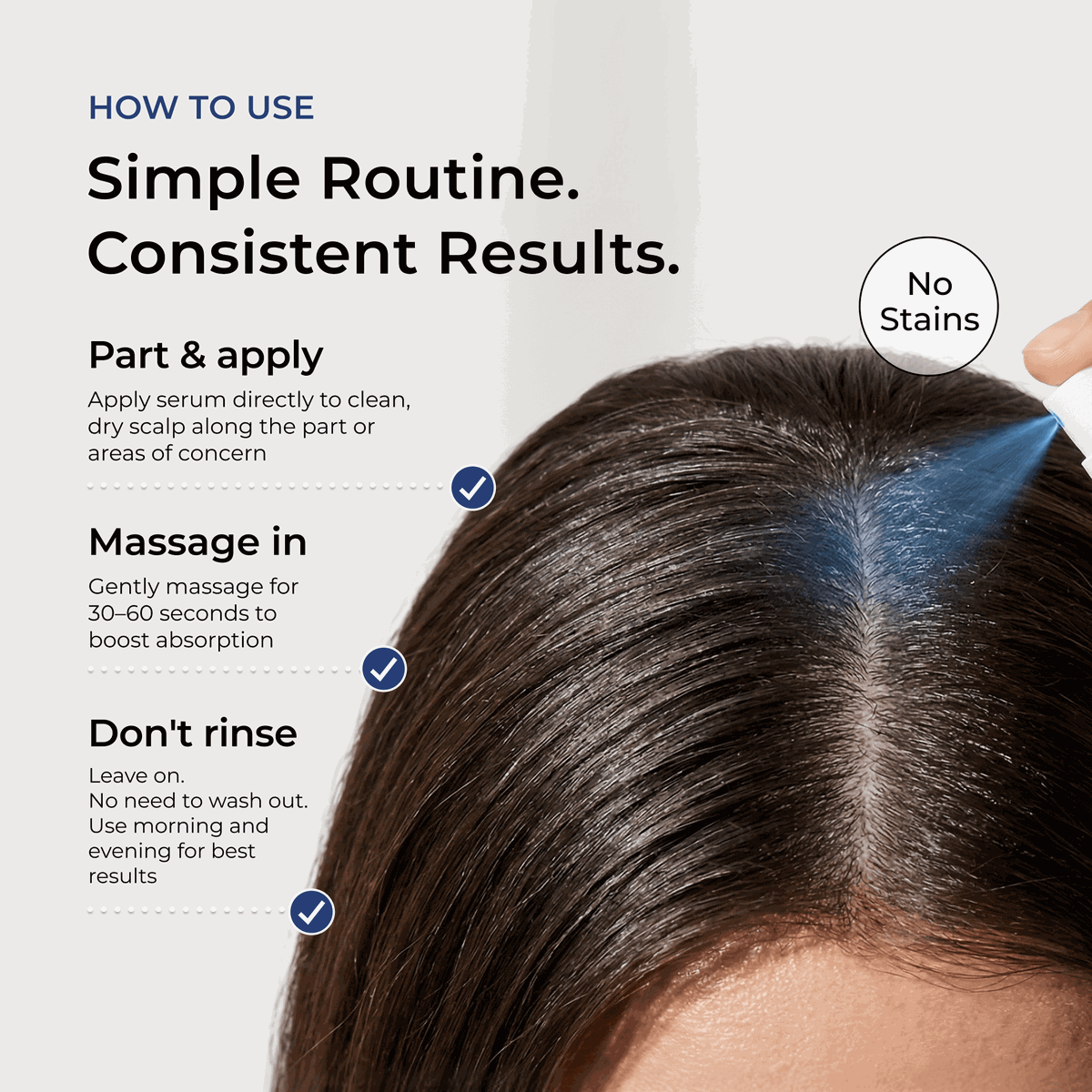 Suggested-use guide for applying Neurogan Health Hair Serum Pro to thinning areas of the scalp.