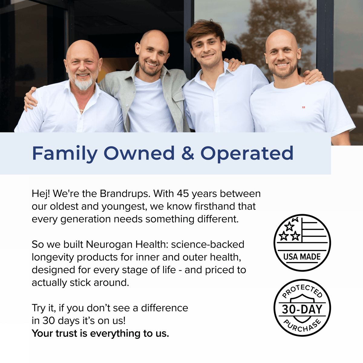 Neurogan Health founders with information about the family-owned business.