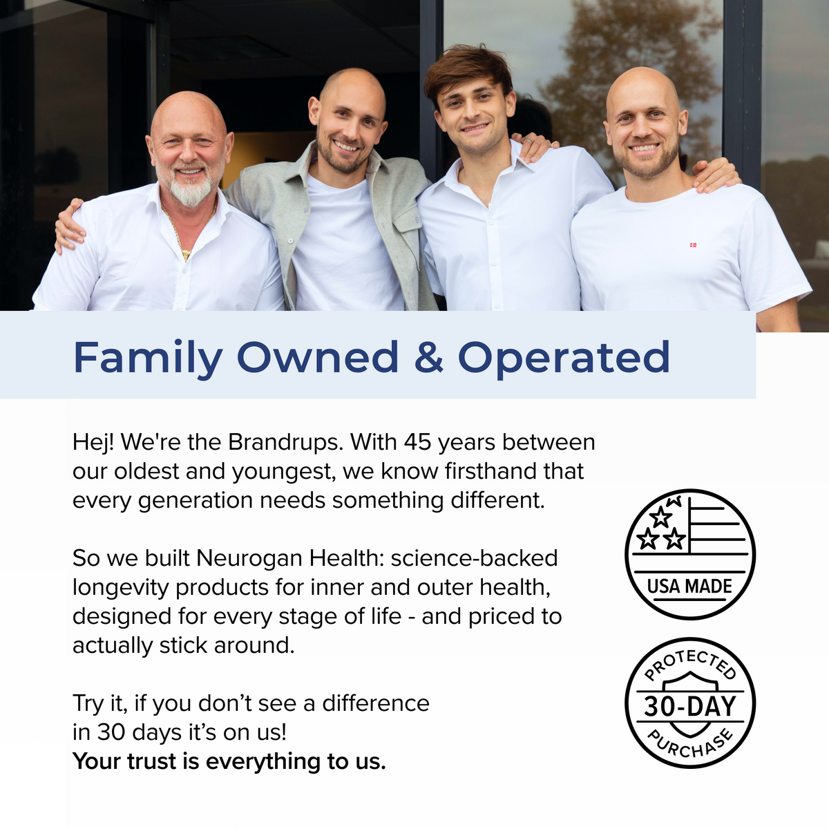 Neurogan Health founders with information about the family-owned business.