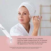 Woman applying Neurogan Health GHK-Cu serum to her face with 4% copper peptide callout.