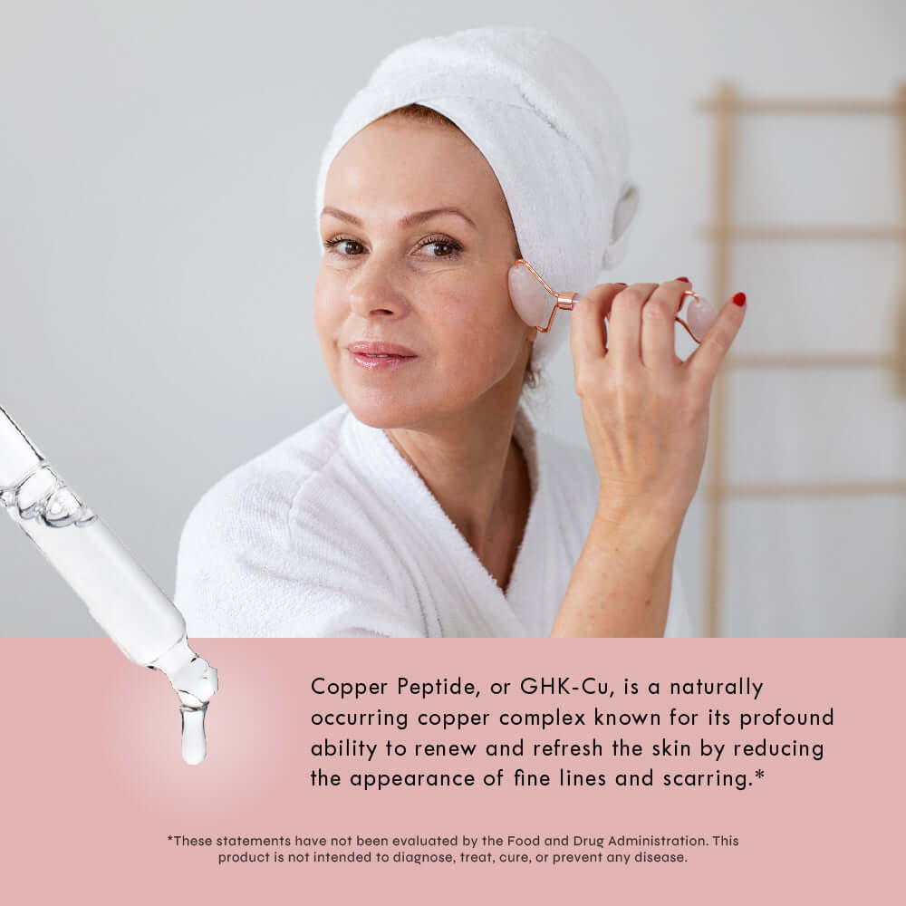 Woman applying Neurogan Health GHK-Cu serum to her face with 4% copper peptide callout.