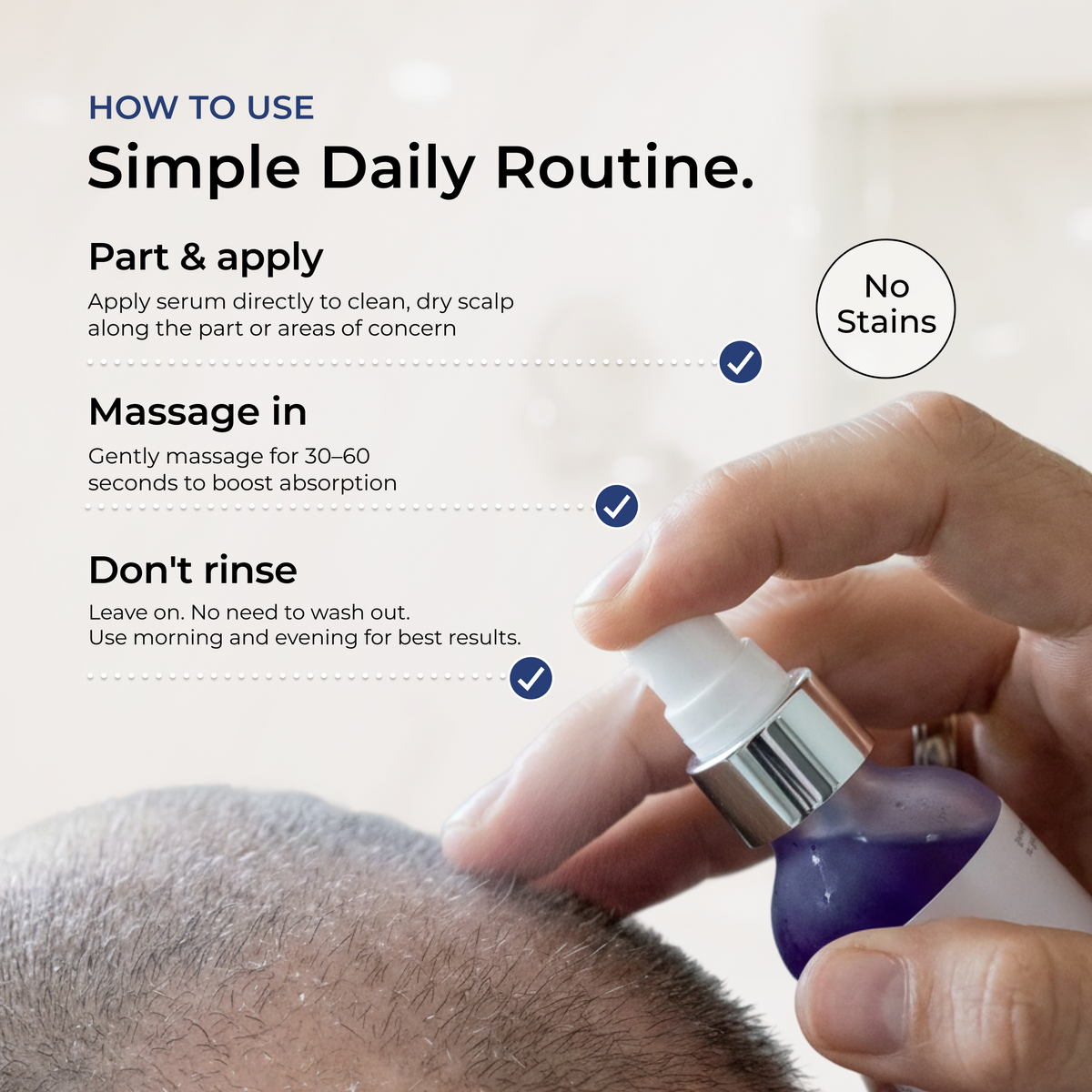 How-to-use instructions for applying Neurogan Health AHK-Cu Hair Serum to the scalp.