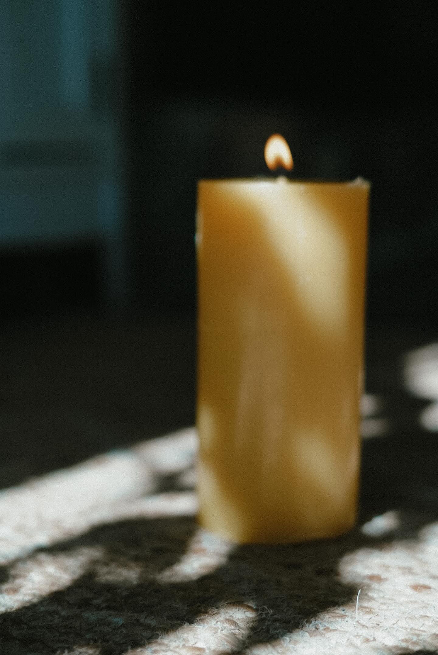 Lit Busy Bees 3 Inch Pillar Trio candle glowing beside a window with sunlight casting shadows across the surface.