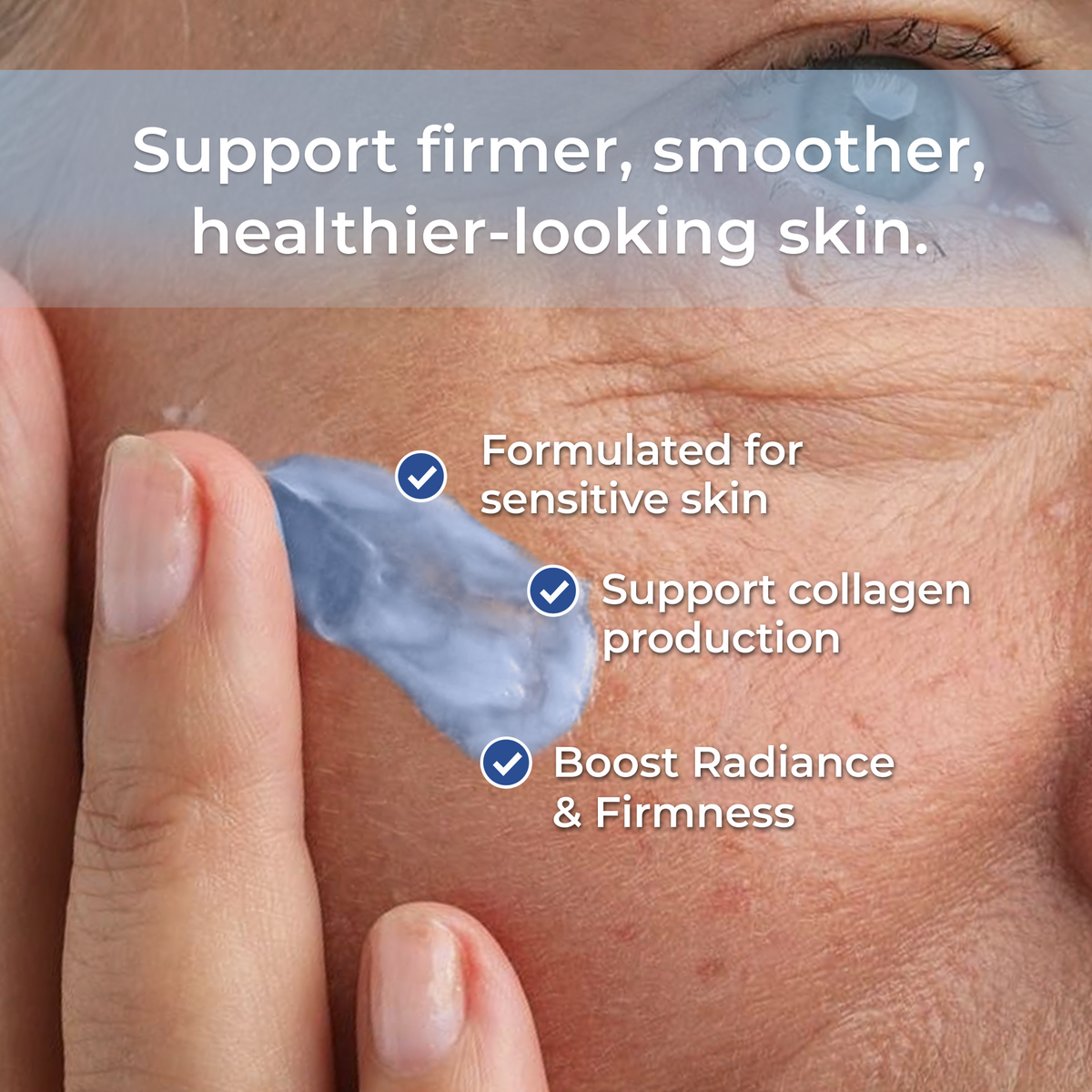GHK-Cu Face Cream benefits graphic showing cream applied to skin for a firmer, smoother, healthier-looking complexion.