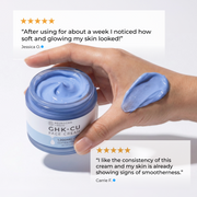 Open jar of blue Neurogan Health GHK-Cu Face Cream with customer testimonial text.