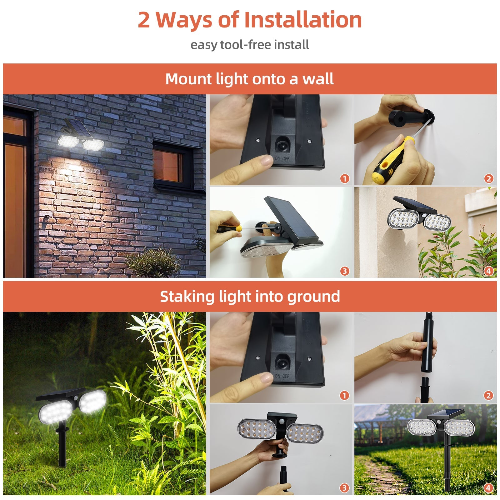 Easy Installation - HarthYourHome Solar Landscape Outdoor 360º Motion Swivel with Automatic On/Off.