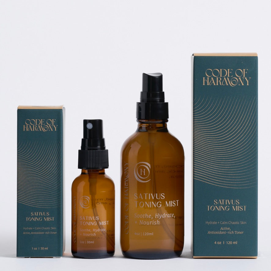 Code of Harmony Sativus Toning Mist 1 oz and 4 oz bottles with product boxes