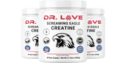3 Dr. Love Screaming Eagle Creatine container displayed with supporting graphics highlighting premium creatine monohydrate formula and product benefits.
