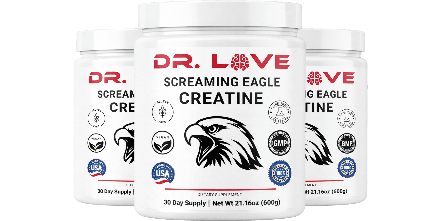 3 Dr. Love Screaming Eagle Creatine container displayed with supporting graphics highlighting premium creatine monohydrate formula and product benefits.