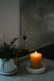 Lit Busy Bees candle from The Queen Bee Bundle glowing beside greenery and glass decor in a cozy indoor setting.