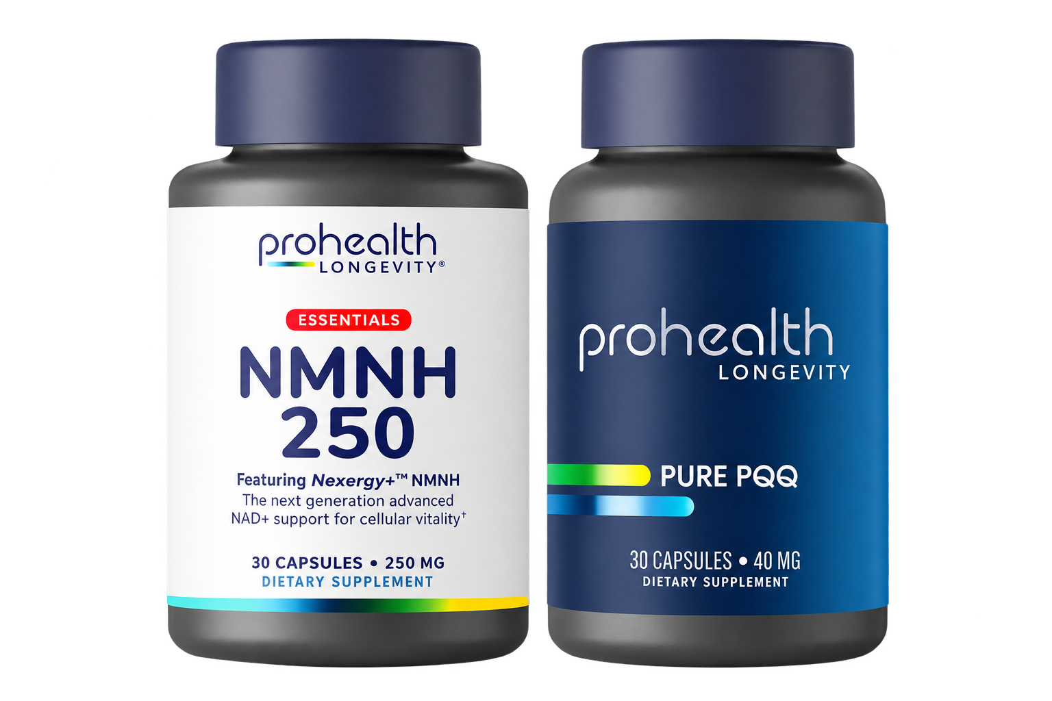 ProHealth Longevity NMNH 250 and Pure PQQ supplement bottles displayed side by side.