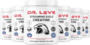 Multiple Dr. Love Screaming Eagle Creatine containers arranged together showcasing product packaging and branding.