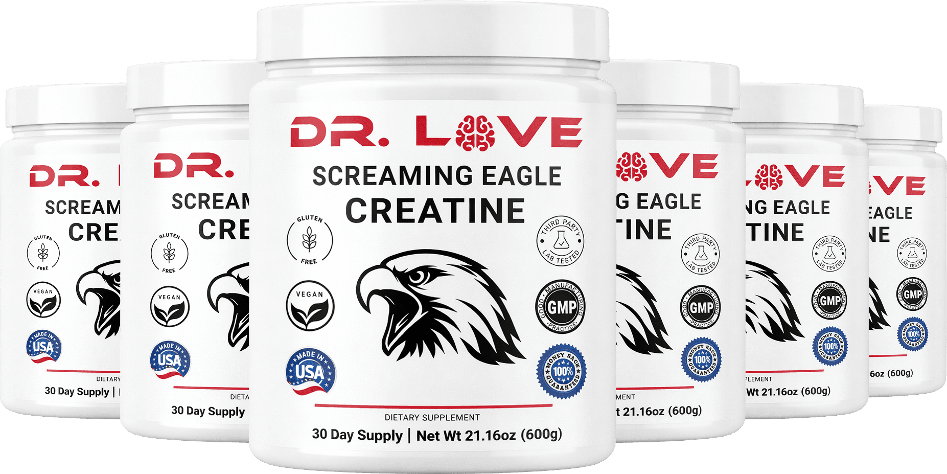 Multiple Dr. Love Screaming Eagle Creatine containers arranged together showcasing product packaging and branding.