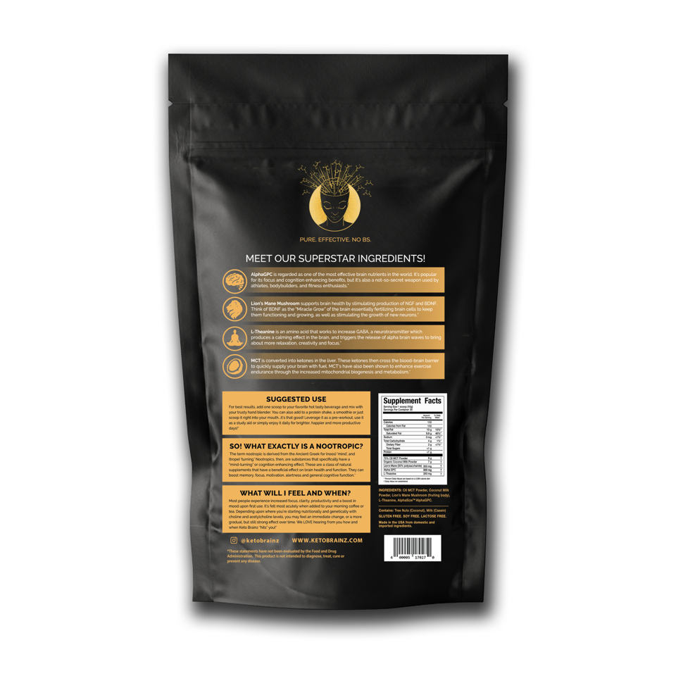 Keto Brainz Nootropic Creamer packaging showing supplement facts, ingredients, suggested use, and nootropic ingredient breakdown