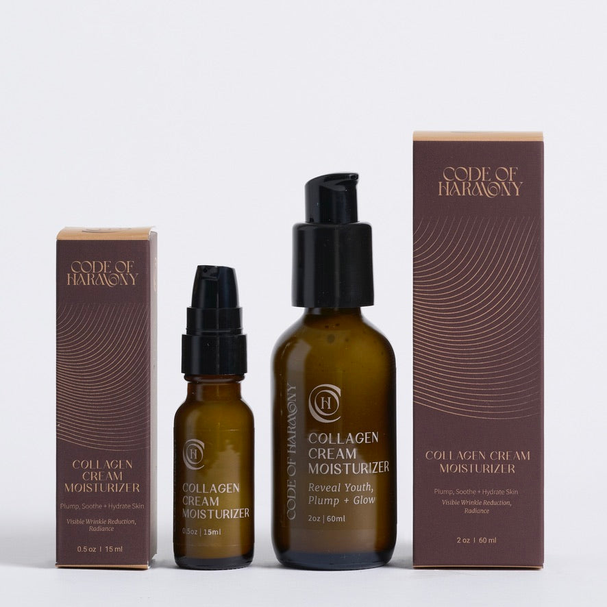Code of Harmony Collagen Cream Moisturizer 0.5 oz and 2 oz bottles with product boxes