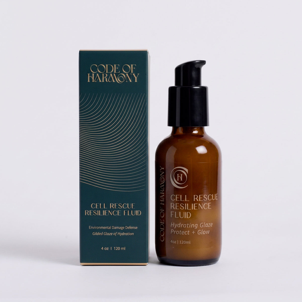 Code of Harmony Cell Rescue Resilience Fluid bottle and box on a dark teal background