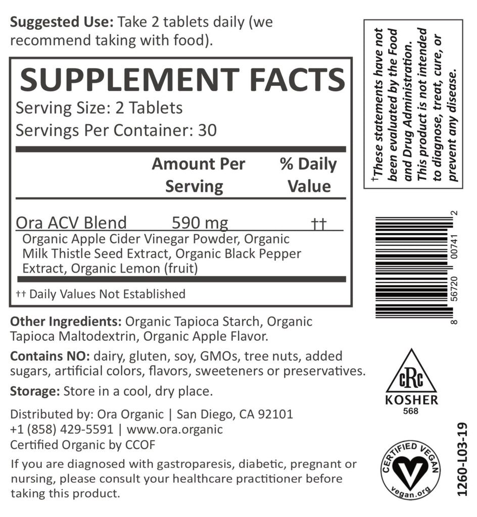 Supplement Facts of Ora Organic Appley Ever After: Apple Cider Vinegar Pills