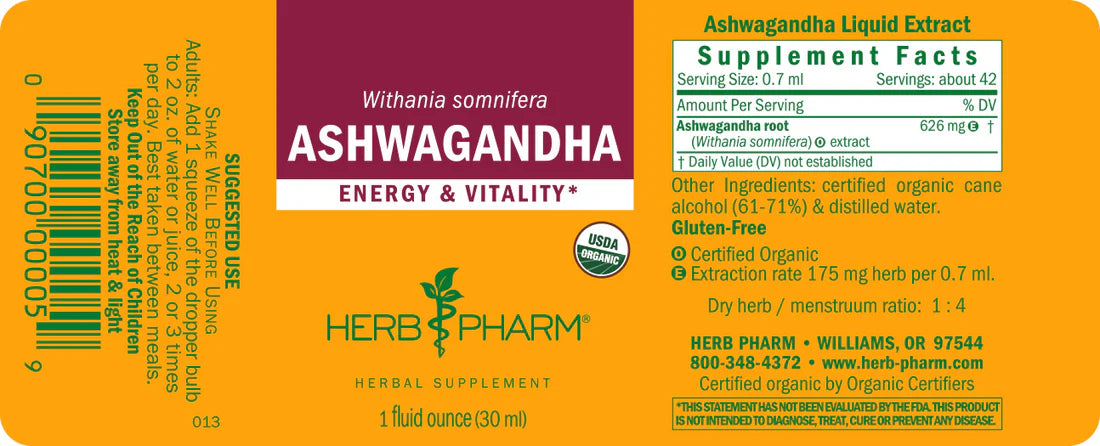 Supplement Facts of Herb Pharm ASHWAGANDHA EXTRACT - 1 OZ