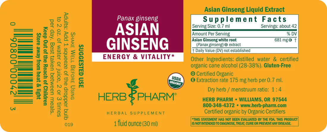 Supplement Facts of Herb Pharm ASIAN GINSENG EXTRACT - 1 Oz