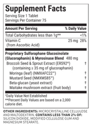 Supplement facts label with detailed nutritional information for Avmacol Extra Strength 75 count