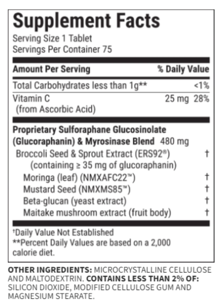 Supplement facts label with detailed nutritional information for Avmacol Extra Strength 75 count