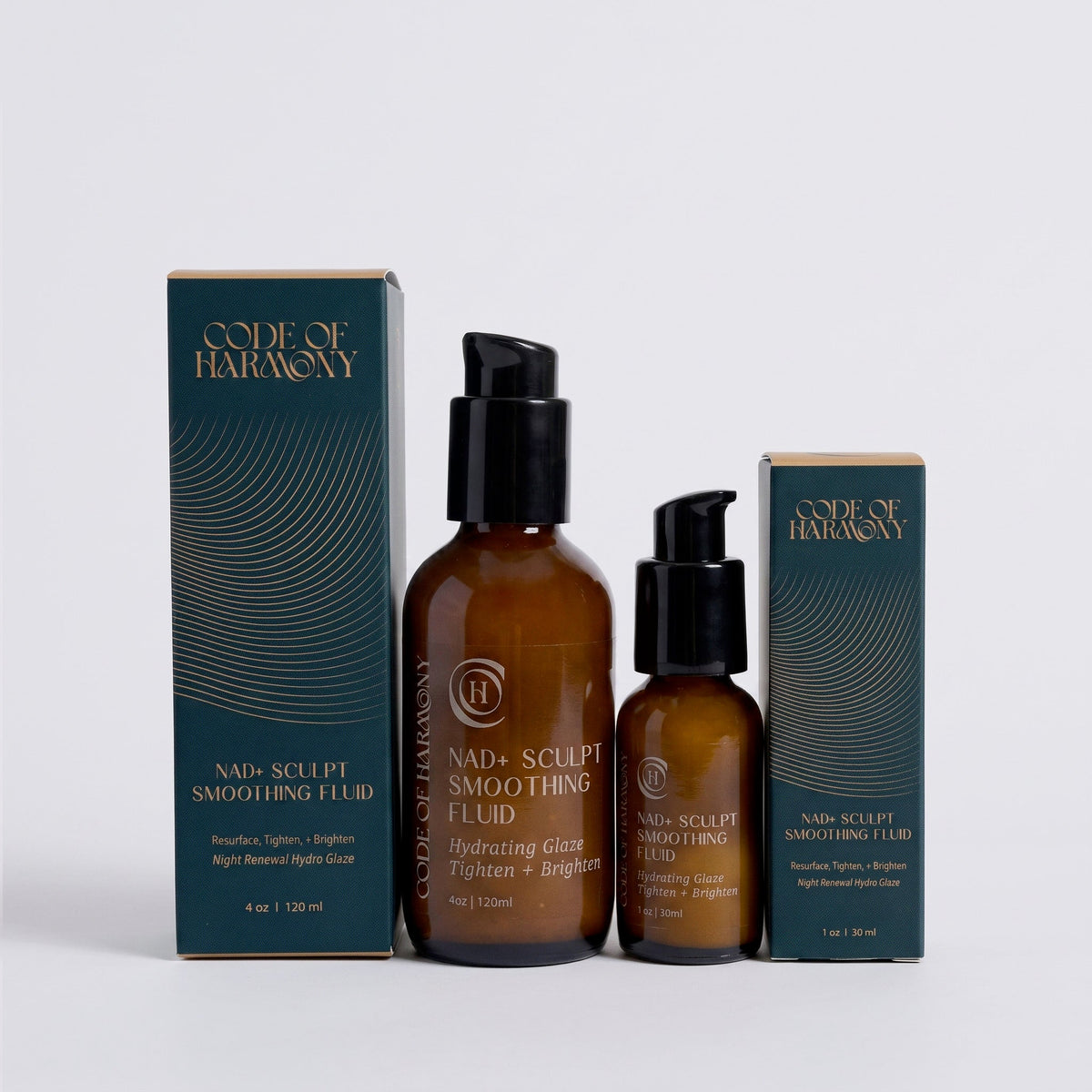 Code of Harmony NAD+ Sculpt Smoothing Fluid bottles and boxes in two sizes