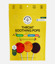 Yellow package of Beekeeper's Naturals Throat Soothing Pops with colorful lollipops on a white background