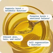 Golden essential fatty acid oil in glass jar with spoon highlighting cellular, heart, and brain support benefits
