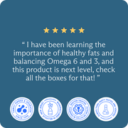 BodyBio Balance Oil customer testimonial graphic with five stars and quote about omega balance benefits