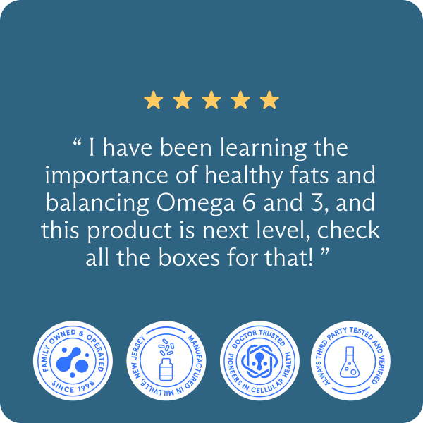 BodyBio Balance Oil customer testimonial graphic with five stars and quote about omega balance benefits