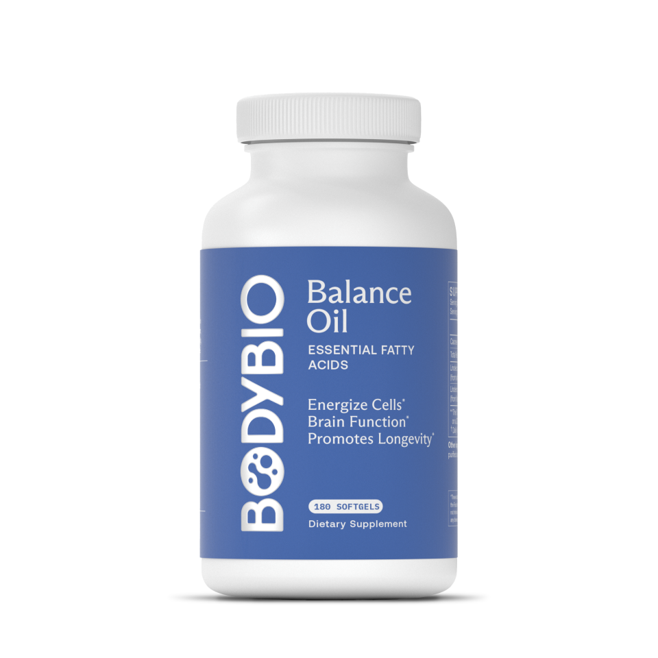 BodyBio Balance Oil softgel supplement bottle, 180 count, for cellular health and longevity support