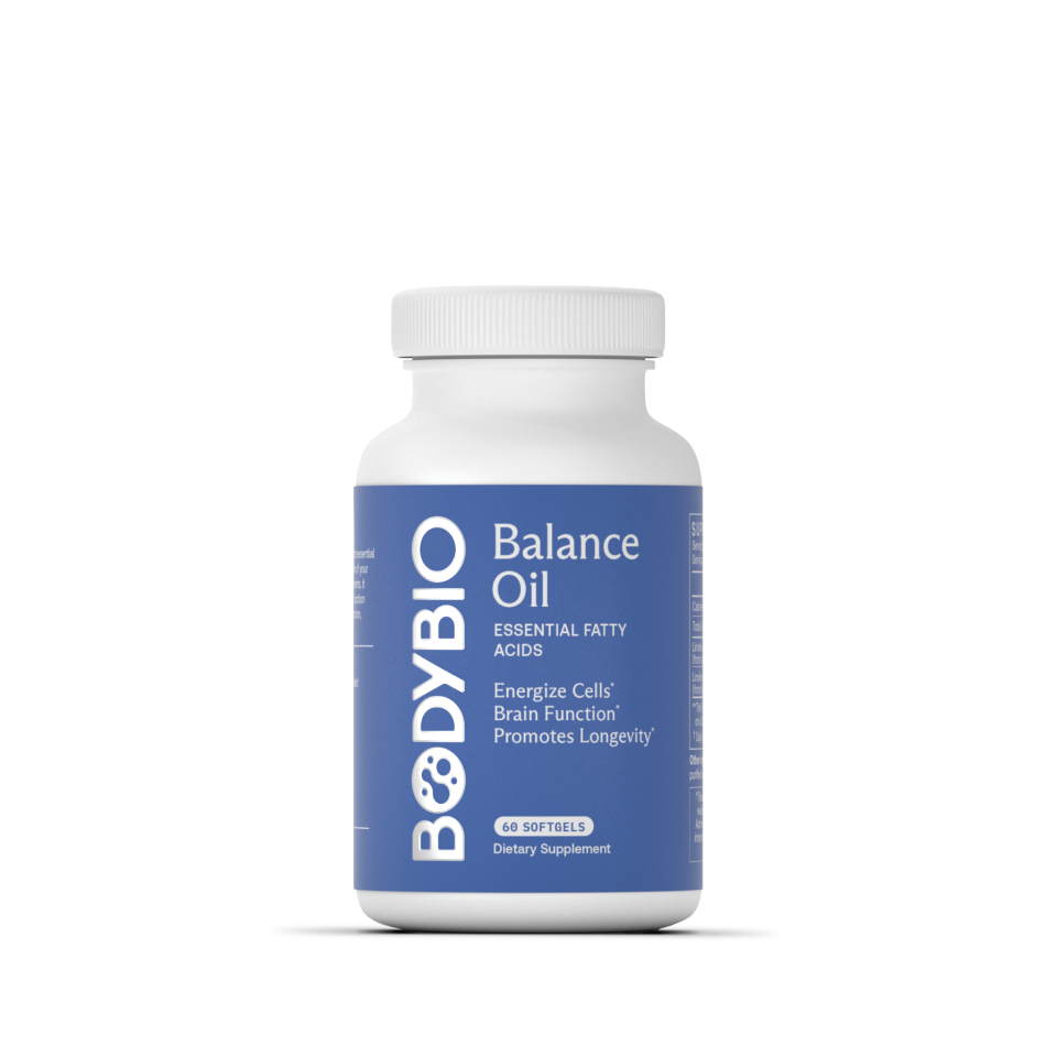 BodyBio Balance Oil softgel supplement bottle, 60 count, for essential fatty acid balance