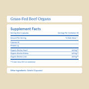 Equip Grass-Fed Beef Organs supplement facts: 667mg each of bovine heart, kidney and liver per 4-capsule serving