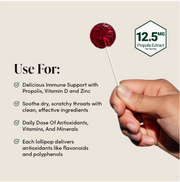 Red Beekeeper's Naturals Soothing Kid's Lollipop held by a hand with health benefits text on a beige background