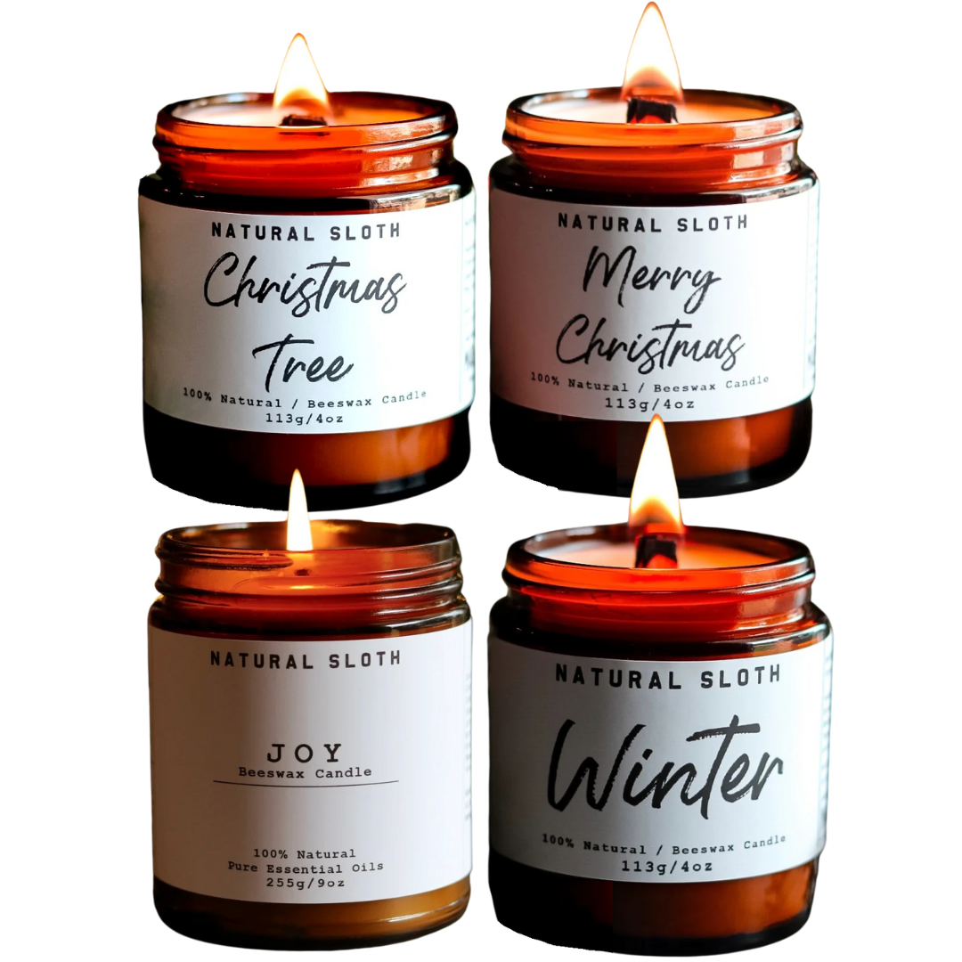 Natural Sloth Christmas Holiday Beeswax Candles Bundle