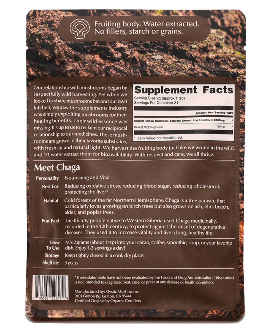 Mystic Mushrooms Chaga Supplement Facts
