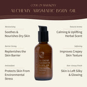 Code of Harmony Alchemy Aromatic Body Oil key benefits infographic