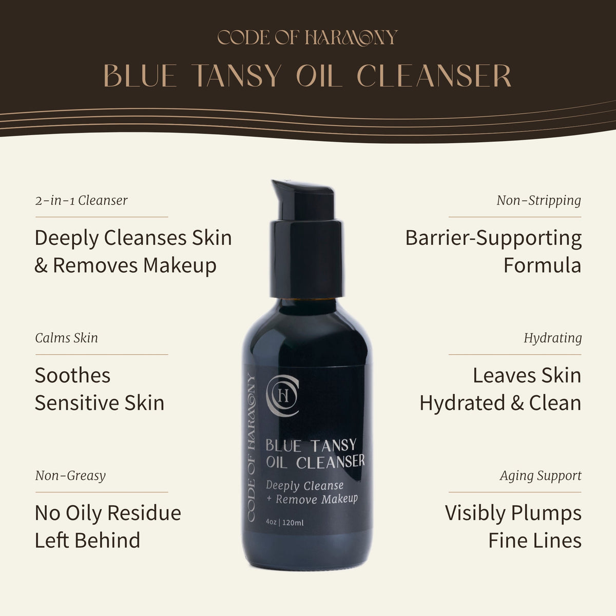 Blue Tansy Oil Cleanser benefits: makeup removal, barrier support, soothing hydration and no oily residue