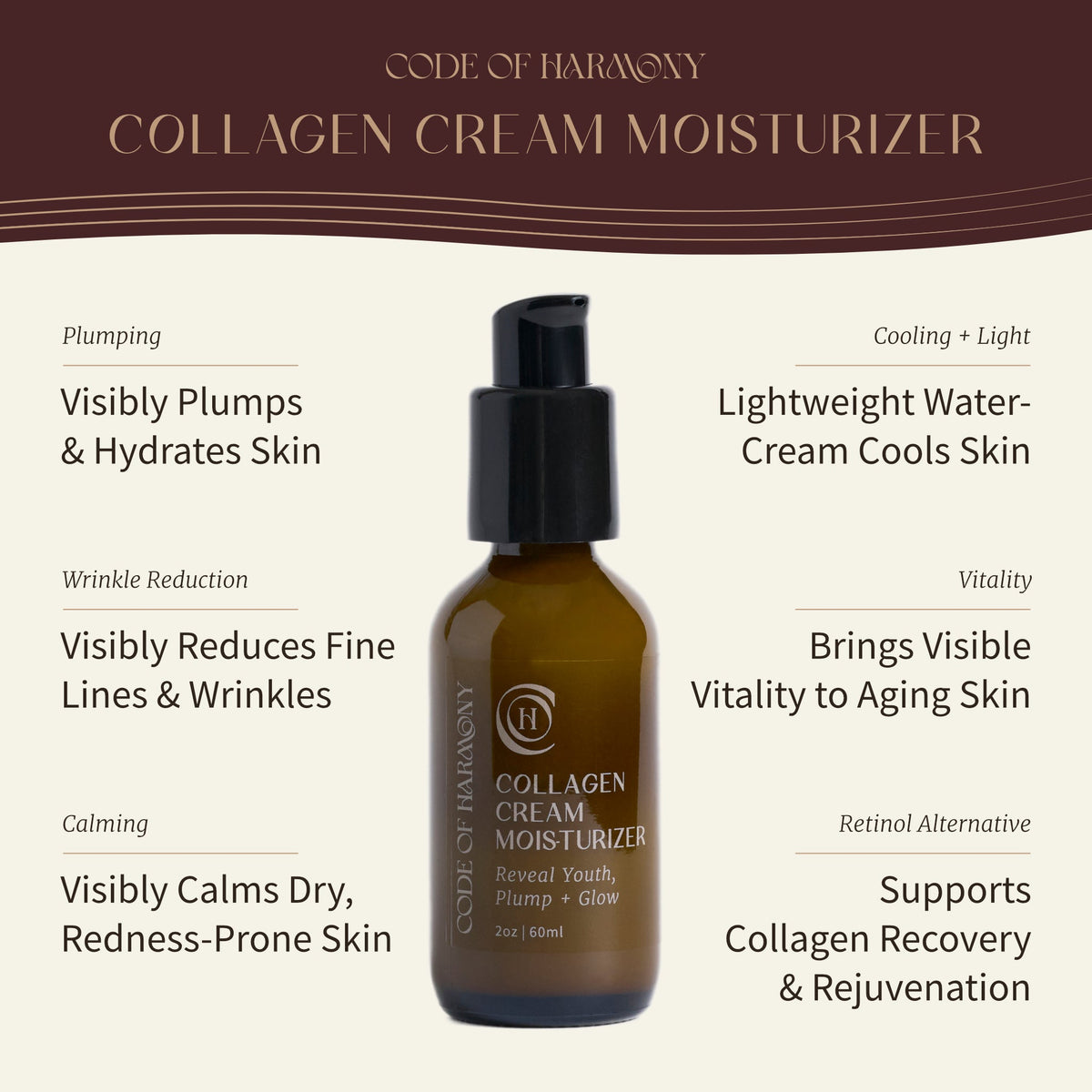 Collagen Cream Moisturizer benefits: plumping hydration, fine-line smoothing, calming and collagen support