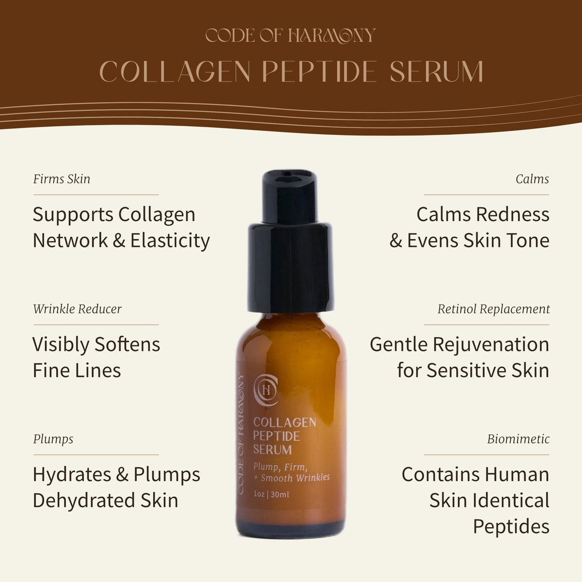 Collagen Peptide Serum benefits: elasticity support, fine-line smoothing, plumping hydration and calming care