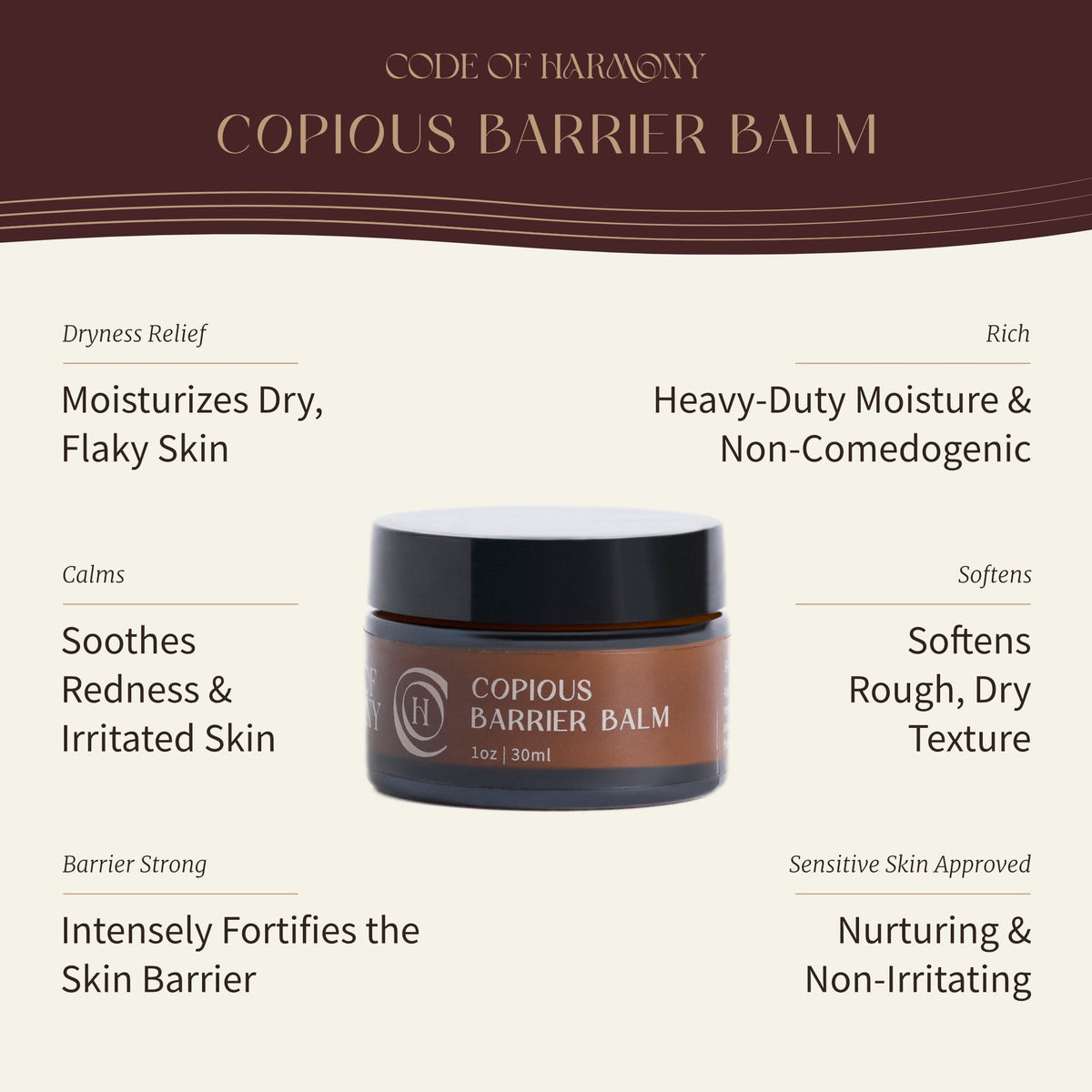 Copious Barrier Balm benefits: dryness relief, redness soothing, barrier support and rich non-comedogenic moisture