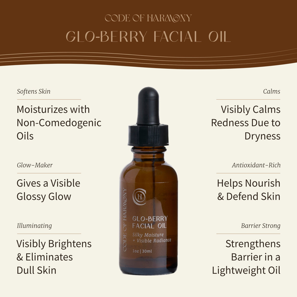 Glo-Berry Facial Oil benefits: non-comedogenic moisture, visible glow, brightening and barrier support