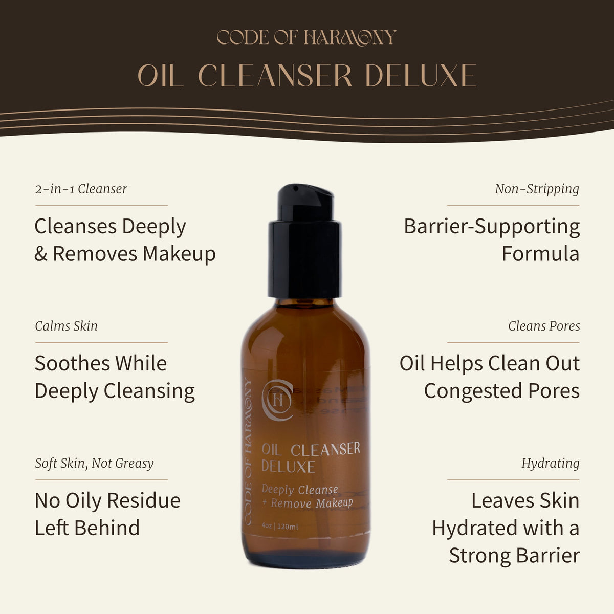 Code of Harmony Oil Cleanser Deluxe key benefits infographic