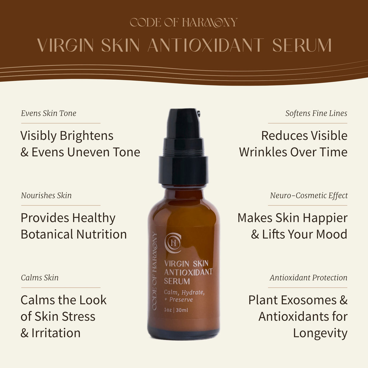 Virgin Skin Antioxidant Serum benefits: brightening, fine-line softening, botanical nourishment, calming and antioxidant protection