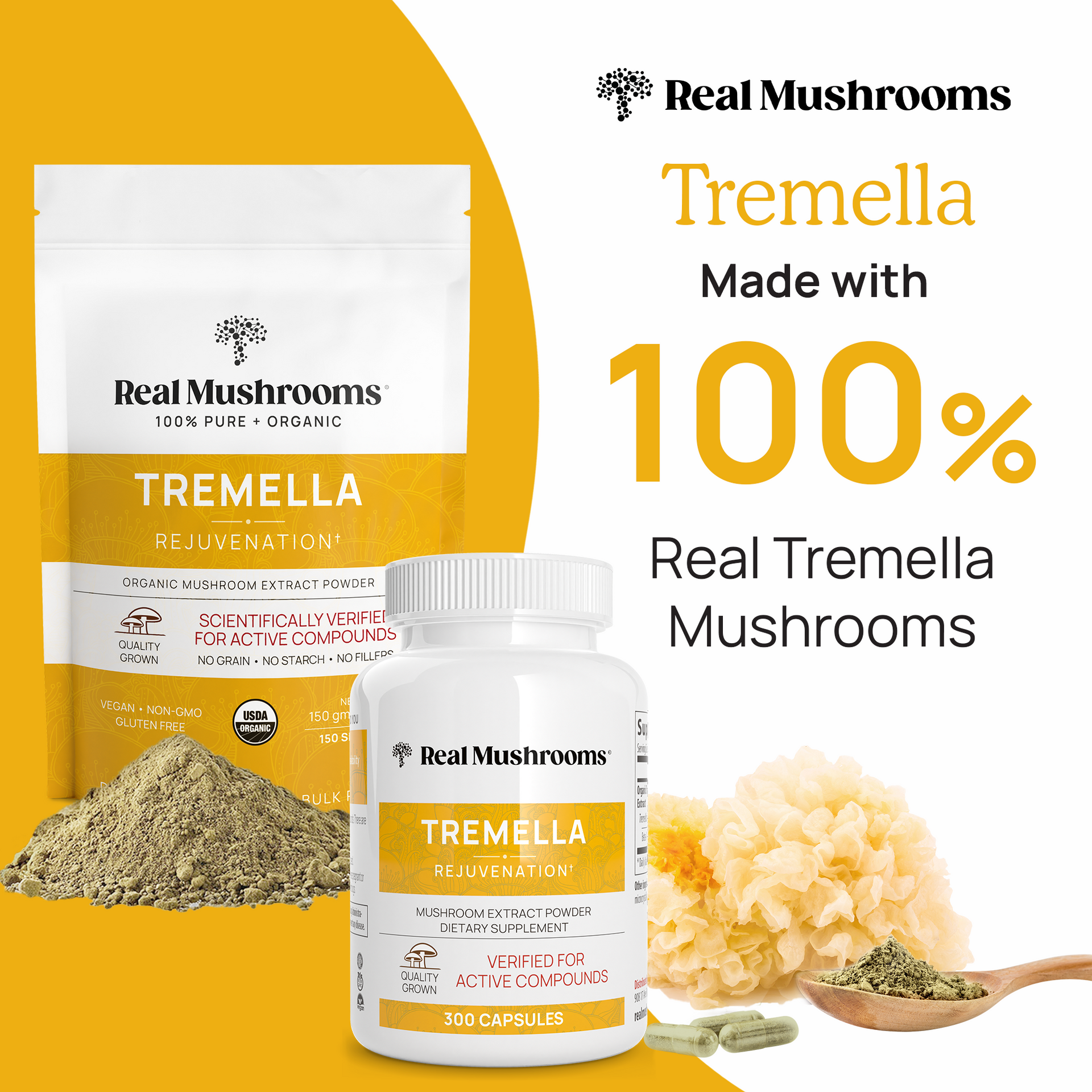 Organic Tremella Extract Capsules and Powder is made with 100% Real Tremella Mushrooms